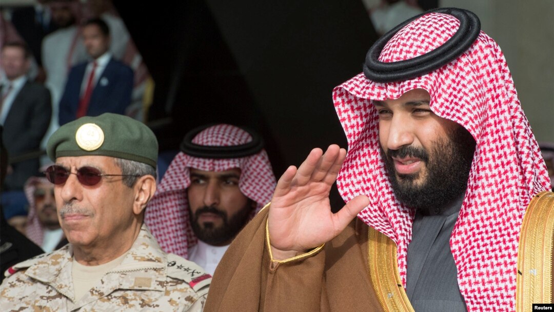 Saudi Arabia's Crown Prince Mohammed bin Salman gestures during the graduation ceremony of the 93rd batch of the cadets of King Faisal Air Academy, in Riyadh, Feb. 21, 2018. 