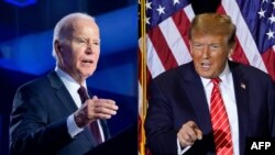 (COMBO) This combination of pictures created on February 08, 2024 shows
(FILES) US President Joe Biden speaking during a campaign rally at Pearson Community Center in Las Vegas, Nevada, on February 4, 2024; and (FILES) Republican presidential hopeful and 