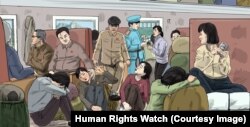Male government officials and female traders sitting in a railway carriage, while a railroad officer checks a female trader’s ticket. In railway carriages, women face harassment by male government officials and railroad officers.