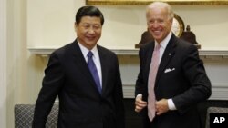 U.S. Vice President Joseph Biden (r) and China's Vice President Xi Jinping in the Roosevelt Room at the White House in Washington, February 14, 2012.