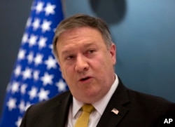 U.S. Secretary of State Mike Pompeo, speaks during a press conference with Saudi Arabia's Foreign Minister Adel al-Jubeir, at the Royal Terminal of King Khaled airport, in Riyadh, Saudi Arabia, April 29, 2018.