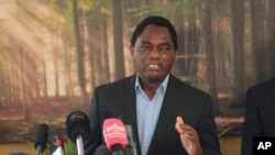 FILE - Then Zambian President-elect Hakainde Hichilema spekas at a press conference at his residence in Lusaka, Aug. 16, 2021.