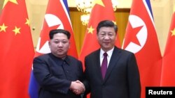習近平和金正恩在北京人民大會堂握手。(2018年3月28日的照片)