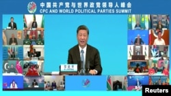 中共領導人習近平在中國共產黨與世界政黨領導人視頻峰會上講話。（2021年7月6日）