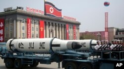 A submarine-launched ballistic missile is displayed in Kim Il Sung Square during a military parade, April 15, 2017, in Pyongyang, North Korea to celebrate the 105th birth anniversary of Kim Il Sung, the country's late founder and grandfather of current ru