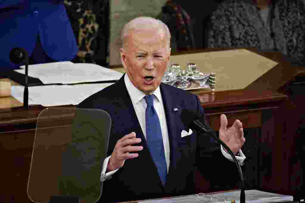 သမ္မတ Joe Biden အမေရိကန်လွှတ်တော်မှာ နိုင်ငံတော်အခြေပြမိန့်ခွန်းပြောကြားစဥ်။ (မတ်လ ၇၊ ၂၀၂၄) 