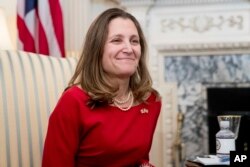 Canadian Foreign Affairs Minister Chrystia Freeland meets with Secretary of State Rex Tillerson at the State Department​ in Washington, Feb. 8, 2017.