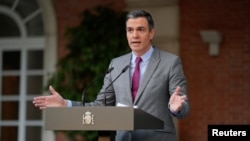 Spain's Prime Minister Pedro Sanchez delivers a statement as he announces pardons for jailed Catalan separatist leaders, at Moncloa Palace in Madrid, June 22, 2021.