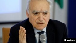 U.N. envoy to Libya Ghassan Salame gestures during a meeting with southern Libyan groups in Tripoli, Libya, Feb. 7, 2018.