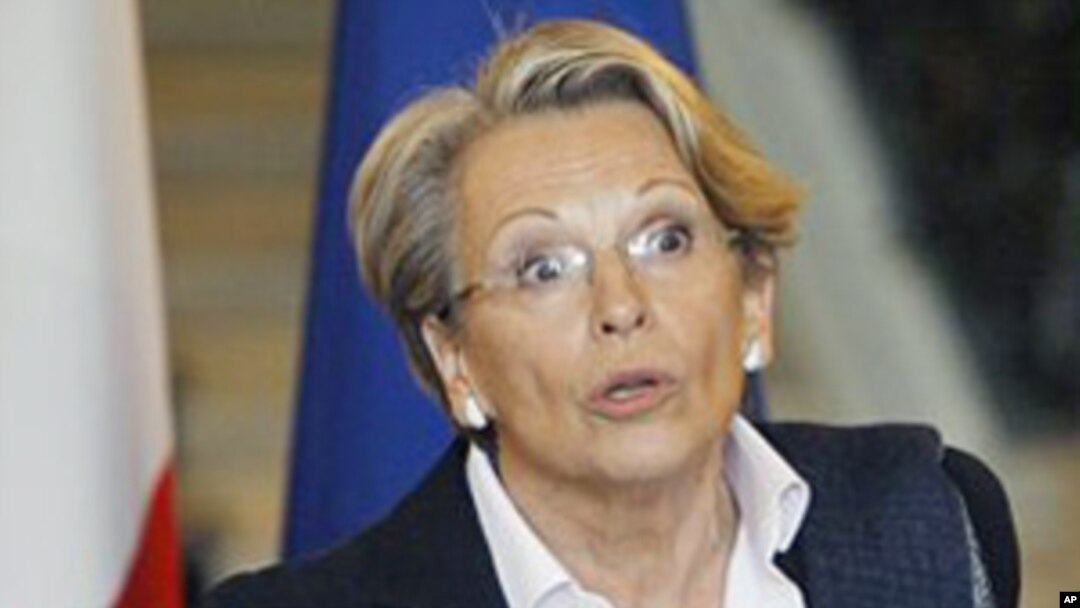 France's Foreign Minister Michele Alliot-Marie during a joint media conference with her Tunisian counterpart Ahmed Ounis, in Paris, February 4, 2011