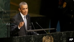 Presiden AS Barack Obama memberikan pidato pada sidang Majelis Umum PBB di New York, hari Senin (28/9).