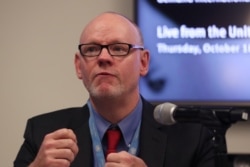 FILE - Louis Charbonneau, U.N. director at Human Rights Watch, speaks during a news conference at the United Nations in New York, October 18, 2018.