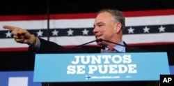 FILE - Then-Democratic vice presidential candidate, Sen. Tim Kaine, D-Va., speaks during a campaign stop in Phoenix, Arizona, Nov. 3, 2016.