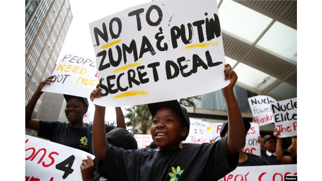 Environmental activists protest against the use of nuclear power in Durban, South Africa, Dec. 14, 2016.