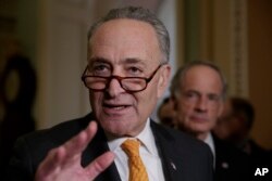 FILE - Senate Minority Leader Charles Schumer, a New York Democrat, speaks with reporters on Capitol Hill in Washington, March 28, 2017.