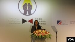 台灣總統蔡英文在2019區域宗教自由論壇上講話。(美國之音張永泰拍攝)