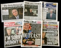 A combination photo of the front-pages of British newspapers on Thursday Nov. 21, 2019 headlining the scandal surrounding Britain's Prince Andrew. Lawyers for victims of sex offender Jeffrey Epstein say Britain's Prince Andrew should speak to U.S…