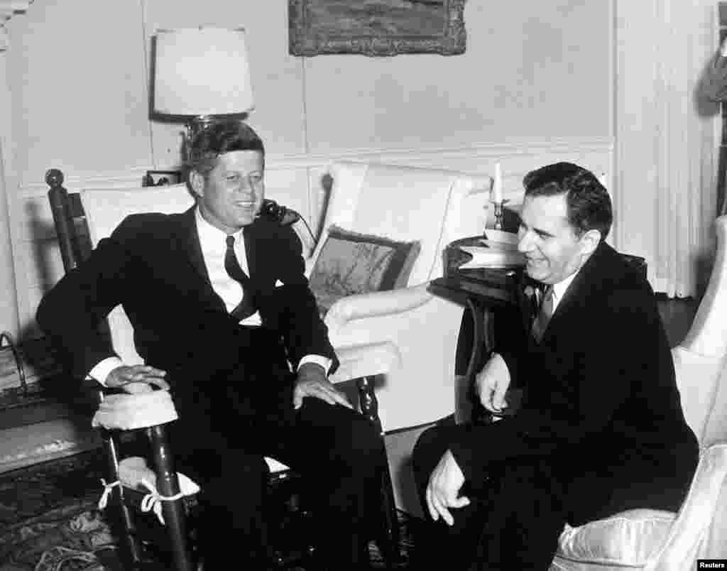 Then U.S. President John F. Kennedy, seated in fabric-covered rocking chair, meets with Andrei Gromyko, then Minister of Foreign Affairs of the Soviet Union, in the Yellow Oval Room at the White House, Washington, Oct 6, 1961 (handout photo by John F. Kennedy Presidential Library and Museum.)