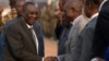 Central African Republic President Michel Djotodia, left, shakes hands with assembled dignitaries as he departs for Chad, at Mpoko Airport in Bangui, CAR, Jan. 8, 2014. 
