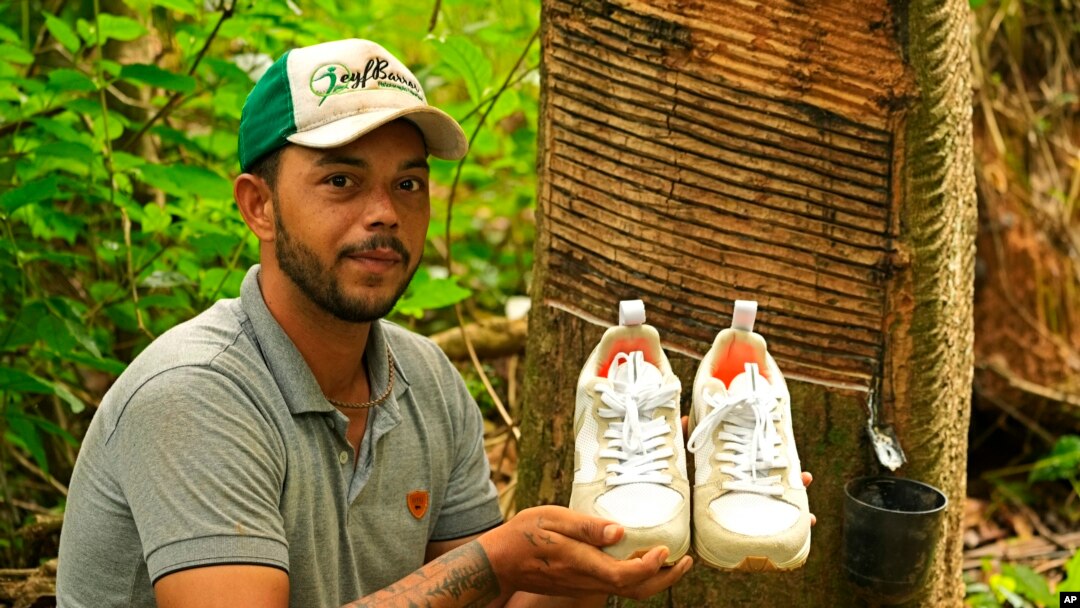 Rubber tapper Rogerio Mendes shows off his Veja sneakers, received as a prize for his work as a young rubber extractor in the Chico Mendes Extractive Reserve, Acre state, Brazil, Dec. 7, 2022. 