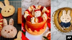 This combination of image shows baked goods, from left, Year of the Rabbit milk bread, a two-tier Lunar New Year cake with a Year of the Rabbit theme, and a sourdough boule with an illustration of Miffy, a rabbit from a popular Dutch picture book series. 