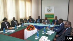 Ethiopian Prime Minister Hailemariam Desalegn (C), S. Sudan's President Salva Kiir (L) and S. Sudan rebel chief Riek Machar (R) attend a meeting in Addis Ababa, March 3, 2015. 