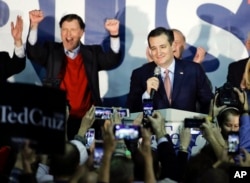 Republican presidential candidate Senator Ted Cruz of Texas speaks during a caucus night rally, in Des Moines, Iowa, Feb. 1, 2016.