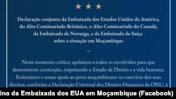 Declaração conjunta dos EUA, Reino Unido, Canadá, Noruega e Suíça sobre situação em Moçambique