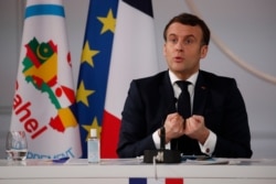 French President Emmanuel Macron delivers his speech after a meeting via video-conference with leaders of the G5 Sahel, Feb. 16, 2021 in Paris.