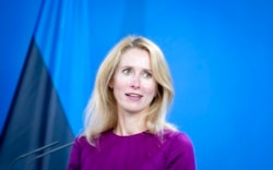 FILE - Kaja Kallas, Prime Minister of Estonia, addresses the media in Berlin, Germany, Aug. 17, 2021.