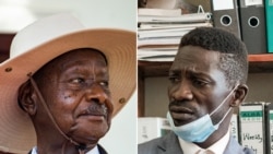 Président Yoweri Museveni (G) na alanga nzembo "Bobi Wine" Robert Kyabulanyi ma bilili mibale, bakowelela bokonzi na maponami ma le 14 janveir 2021 na Ouganda.