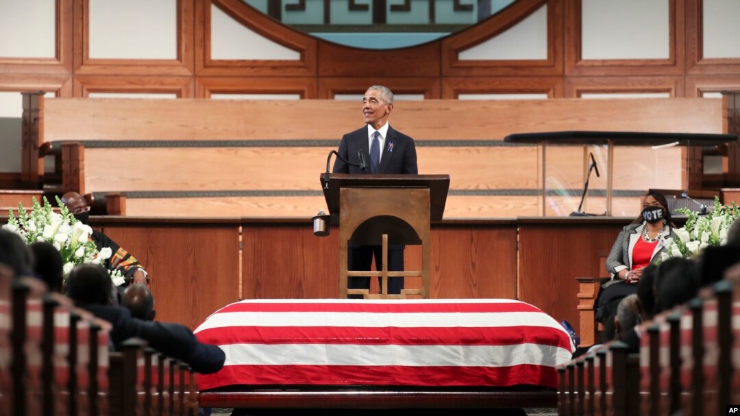 Former President Barack Obama addresses the service during the funeral for the late Rep. John Lewis, D-Ga., at Ebenezer Baptist Church in Atlanta, July 30, 2020.