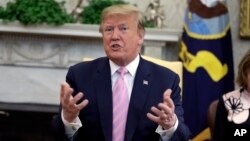 President Donald Trump speaks while meeting with Egyptian President Abdel Fattah el-Sisi in the Oval Office of the White House, April 9, 2019, in Washington.