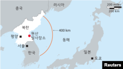 북한이 지난 6월 22일 발사한 두 발의 탄도미사일 중 한 발은 400km를 비행한 후 동해에 떨어졌다.