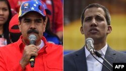ARSIP - Foto Presiden Venezuela, Nicolas Maduro (kiri) berpidato di depan pendukungnya 2 Februari 2019 dan pemimpin oposisi, Juan Guaido, berpidato di depan ribuan pendukungnya di Caracas pada hari yang sama (foto: Yuri Cortez dan Juan Barreto/AFP)