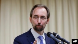 FILE - U.N. High Commissioner for Human Rights Zeid Ra’ad Al Hussein answers questions during a press conference.