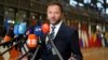 FILE - Estonia's Foreign Minister Margus Tsahkna speaks to the media as he arrives for a meeting of EU foreign ministers at the European Council building in Brussels, Jan. 27, 2025. 