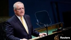 FILE - Australian Prime Minister Scott Morrison addresses the 74th session of the United Nations General Assembly at U.N. headquarters in New York City, New York, Sept. 25, 2019. 