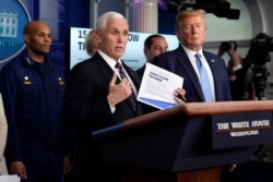 Vice President Mike Pence speaks as President Donald Trump listens during a press briefing with the coronavirus task force, at the White House, March 16, 2020, in Washington.