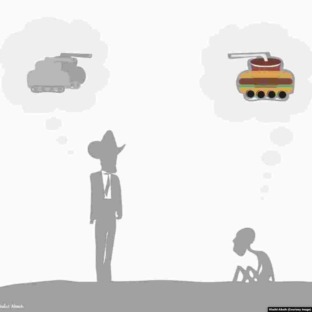 South Sudanese President Salva Kiir thinks of tanks while a hungry South Sudanese thinks of food in the shape of a tank in this cartoon by Sudanese artist Khalid Albaih.
