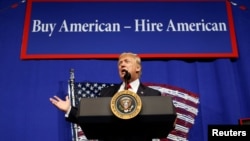 FILE - U.S. President Donald Trump speaks during a visit to the world headquarters of Snap-On Inc, a tool manufacturer in Kenosha, Wisconsin, April 18, 2017.