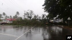 A tree blocks a road after it was blown down by the encroaching cyclone Winston in Nakasi, Fiji, Feb. 20, 2016. 