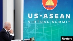 US President Joe Biden participates virtually with the ASEAN summit from an auditorium at the White House Oct. 26, 2021.