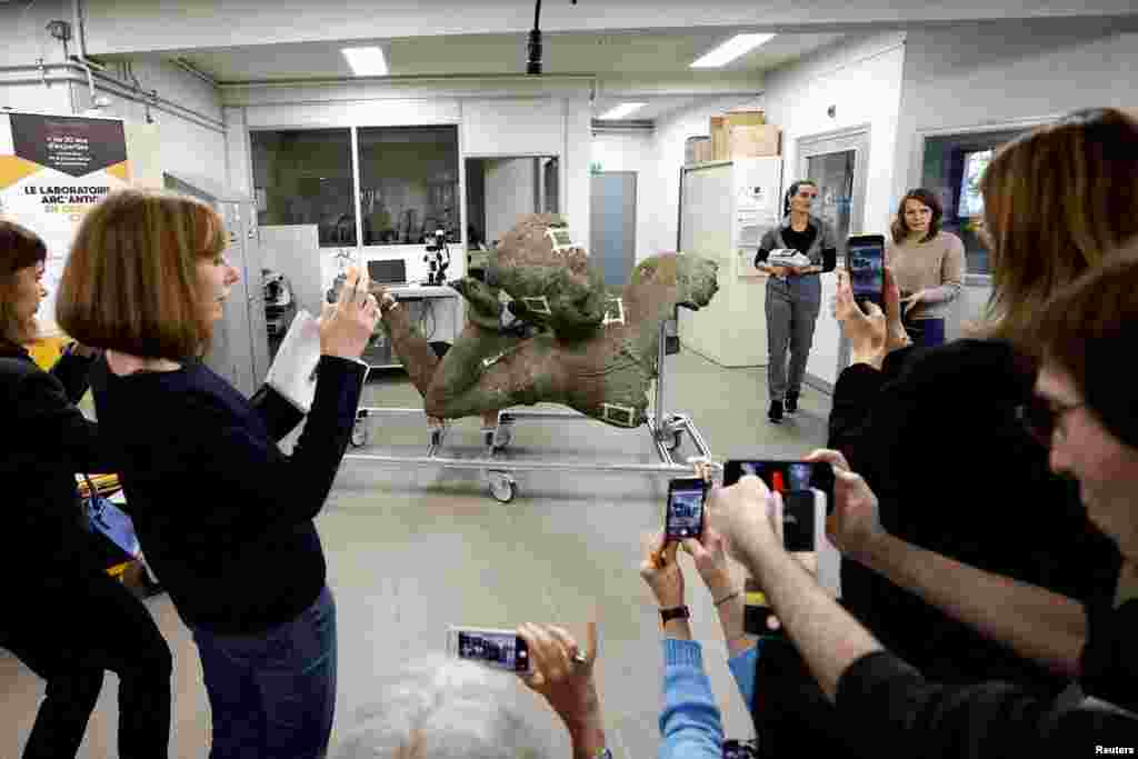 Journalists take pictures of the Reclining Vishnu, known as the "Mona Lisa of Cambodia" or the "Venus de Milo of Cambodia," from the West Mebon temple in Angkor during a press event for statue's restoration by the Center for Research and Restoration in French Museums at the Arc'Antique laboratory in Nantes, France.