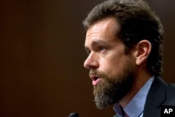 Twitter CEO Jack Dorsey testifies before the Senate Intelligence Committee hearing on 'Foreign Influence Operations and Their Use of Social Media Platforms' on Capitol Hill, Sept. 5, 2018, in Washington.