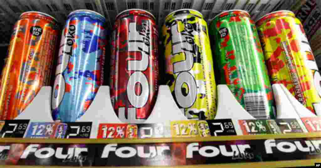 In this file photo, Four Loko alcoholic energy drinks are seen in the cooler of a convenience store, in Seattle. The American Food and Drug Administration is expected to announce a virtual ban of alcoholic energy drinks Wednesday, Nov. 17, 2010, even as