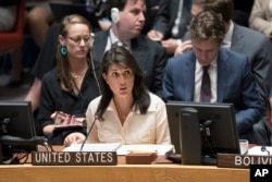 FILE - U.S. Ambassador to the United Nations Nikki Haley speaks during a Security Council meeting, May 15, 2018, at U.N. headquarters in New York.
