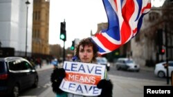 Pristalica Bregzita stoji ispred Doma parlamenta u Londonu, Velika Britanija, 7. februara 2019.