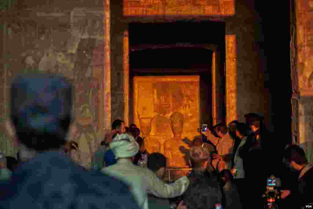 The solar phenomenon used to happen on Feb. 21, and Oct. 21, but after UNESCO relocated the temples in 1968 to rescue them from the rising Nile water, the phenomenon shifted one day. (Hamada Elrasam/VOA)