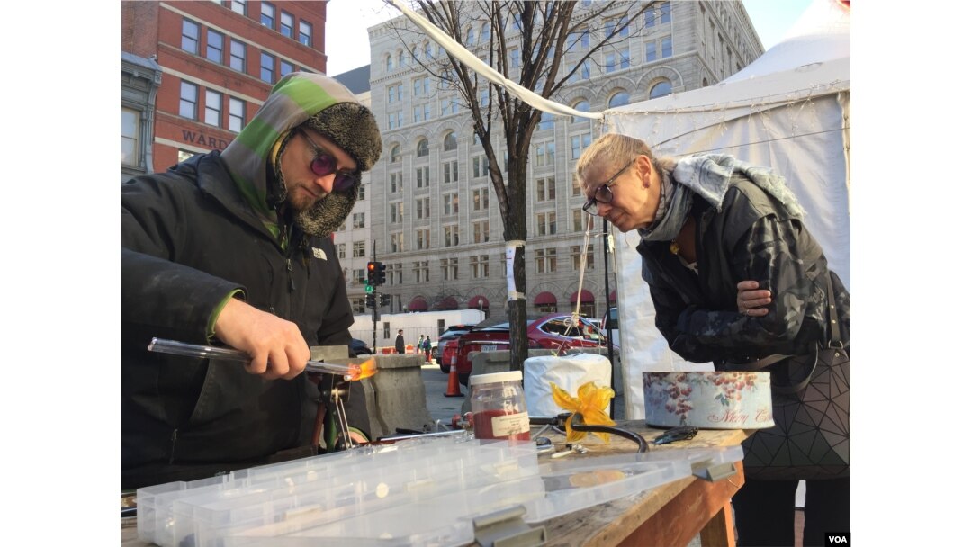 Glass artist Ryan Eicher enjoys creating his art and answering questions about the process from potential customers, who say that it adds a personal touch to the shopping experience.